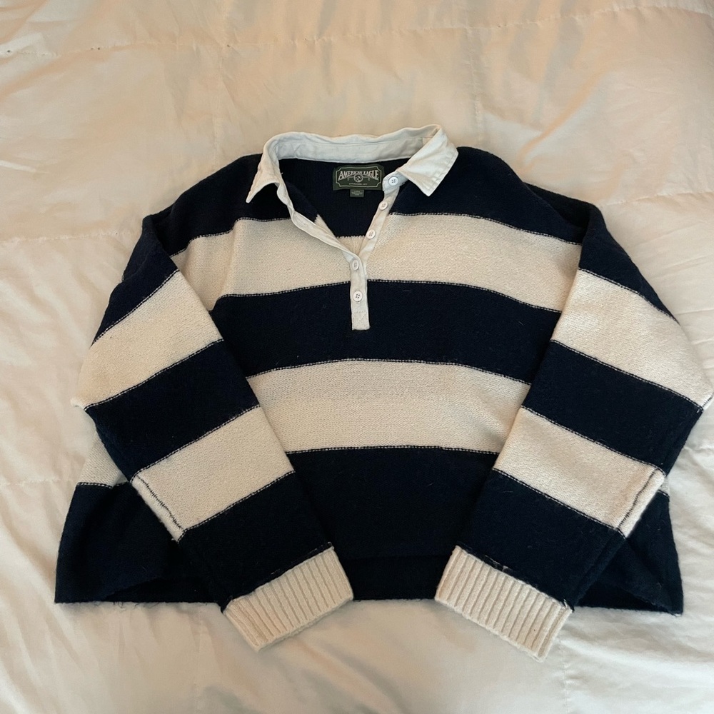 American Eagle Navy and Cream Cropped Striped Collared Sweater